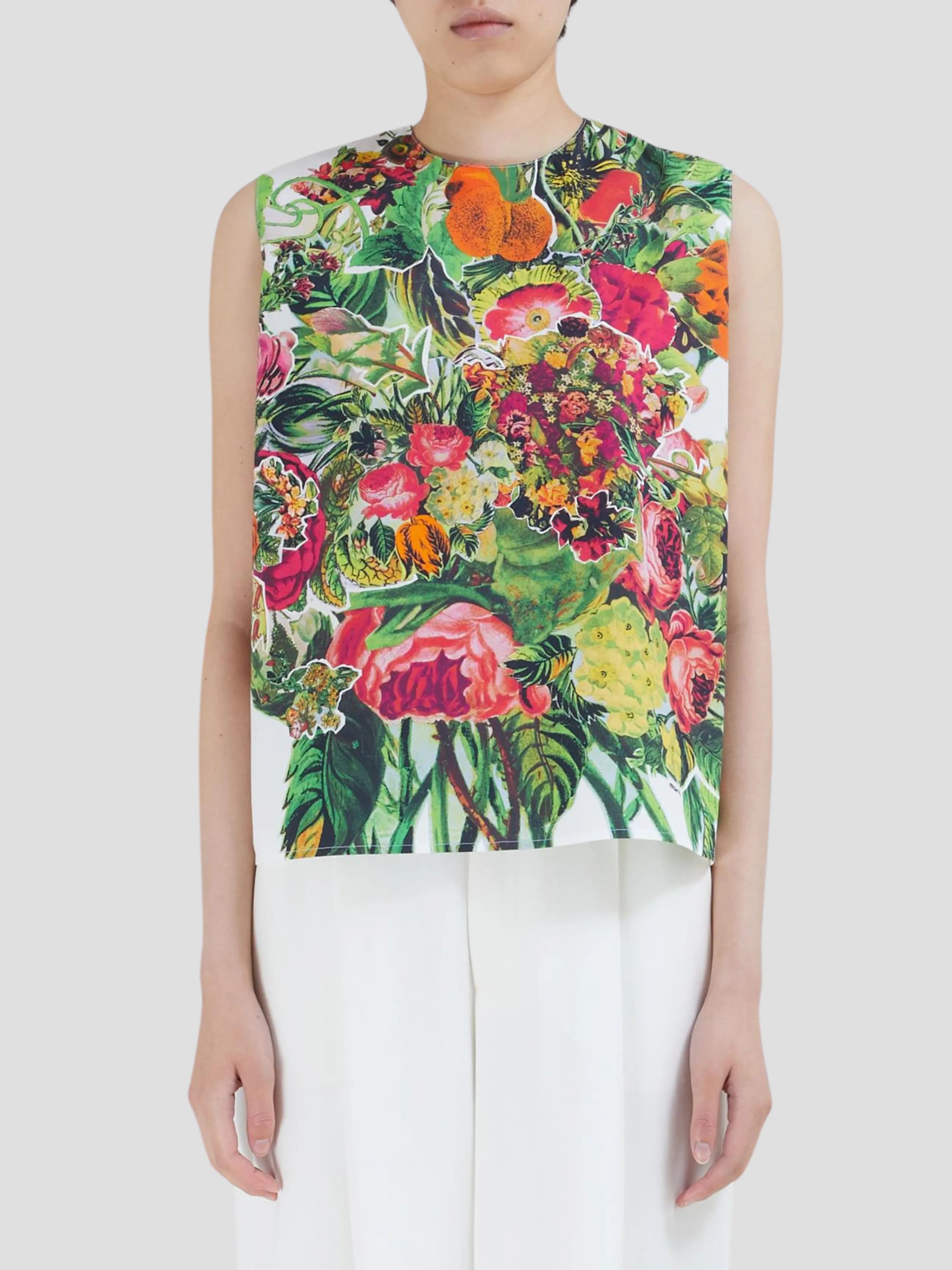 Plant Printed Sleeveless Crew Neck Top