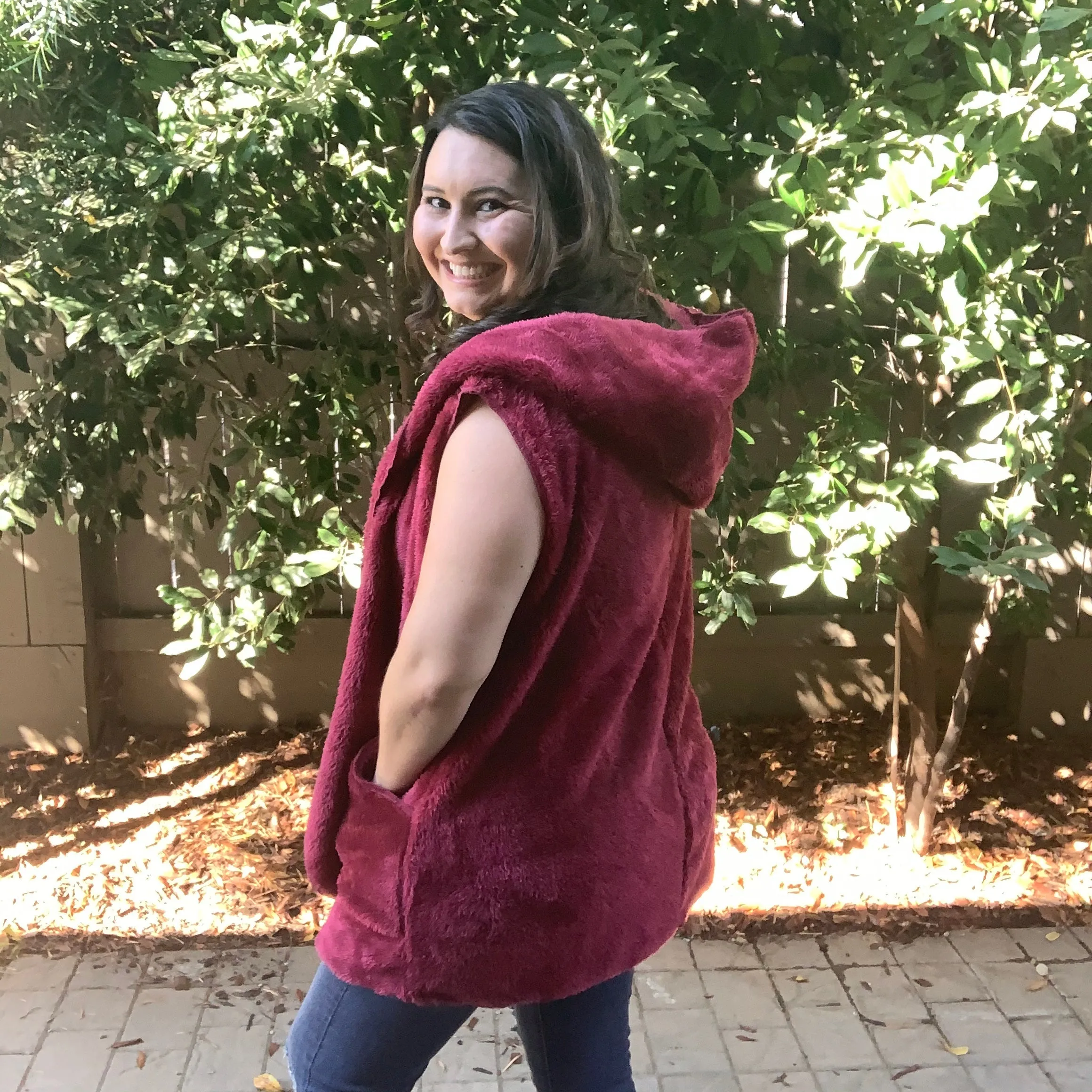 "Aspen" Hooded Faux Fur Vest (Cabernet)