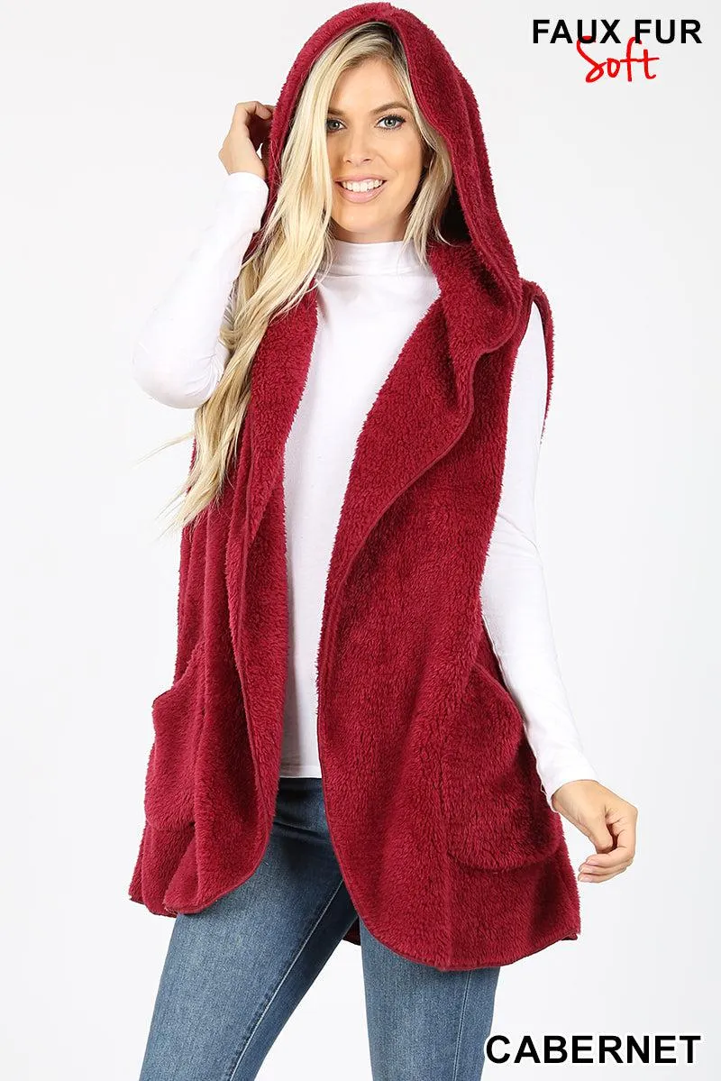 "Aspen" Hooded Faux Fur Vest (Cabernet)