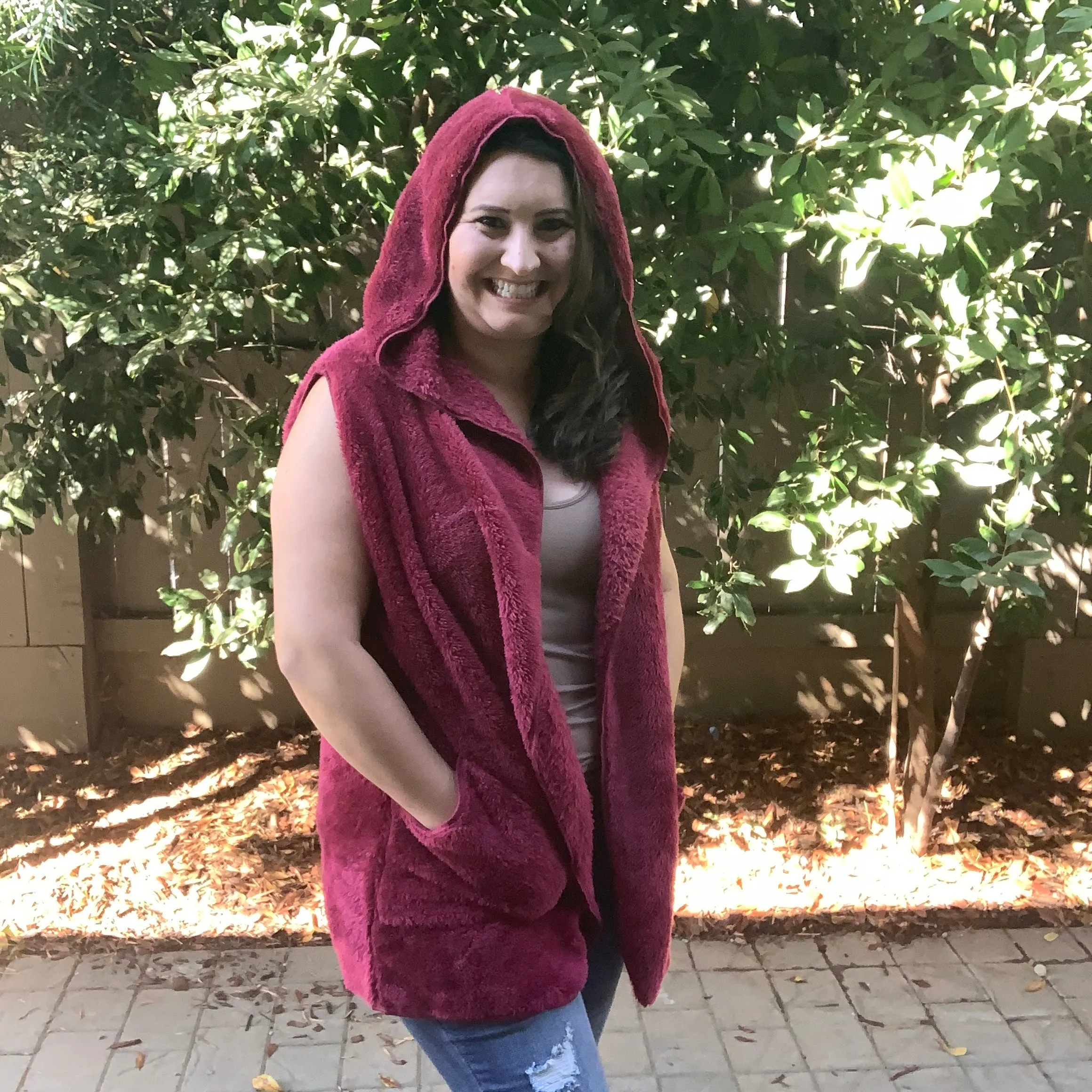 "Aspen" Hooded Faux Fur Vest (Cabernet)