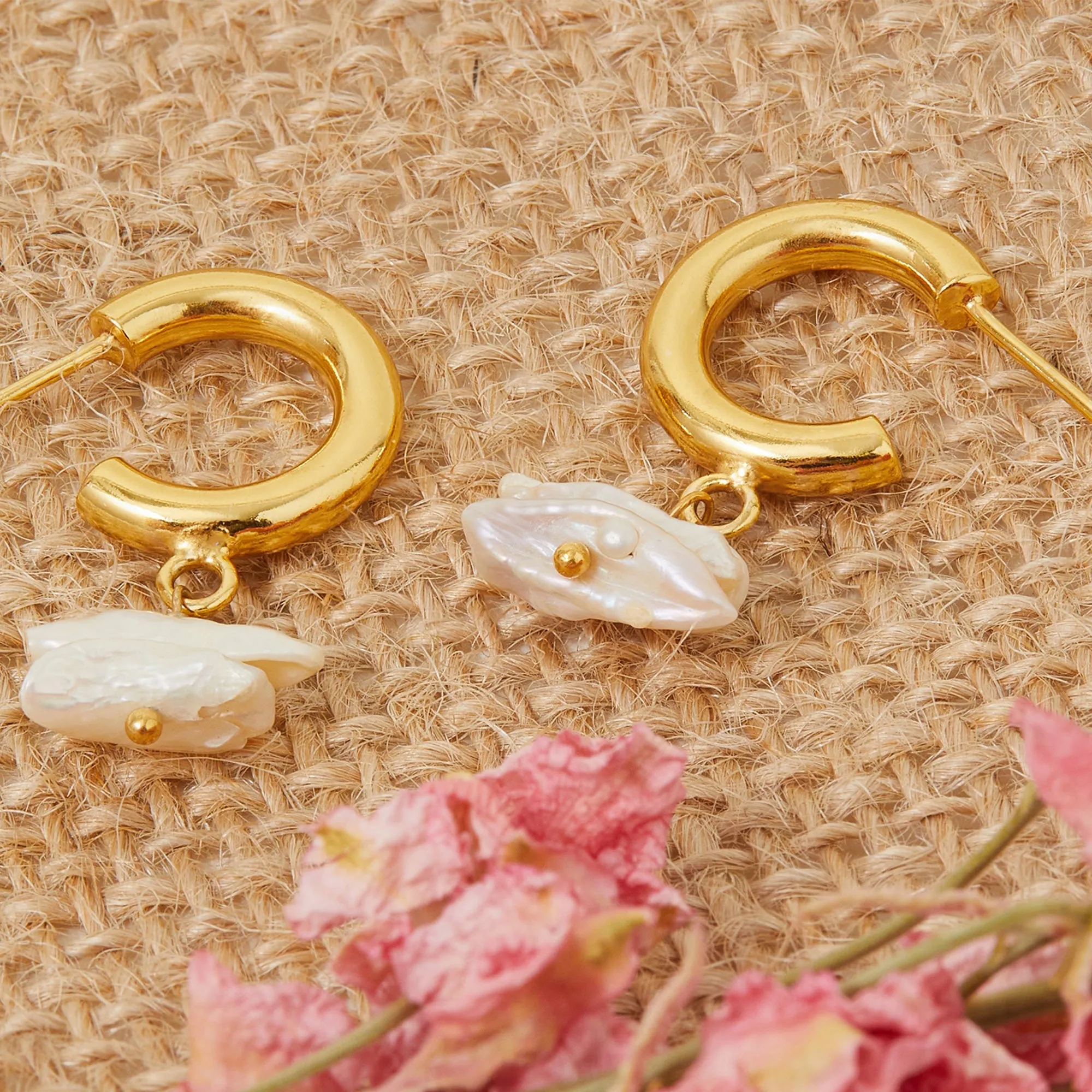 Real Gold Plated Keshi Pearl Hoop Earrings