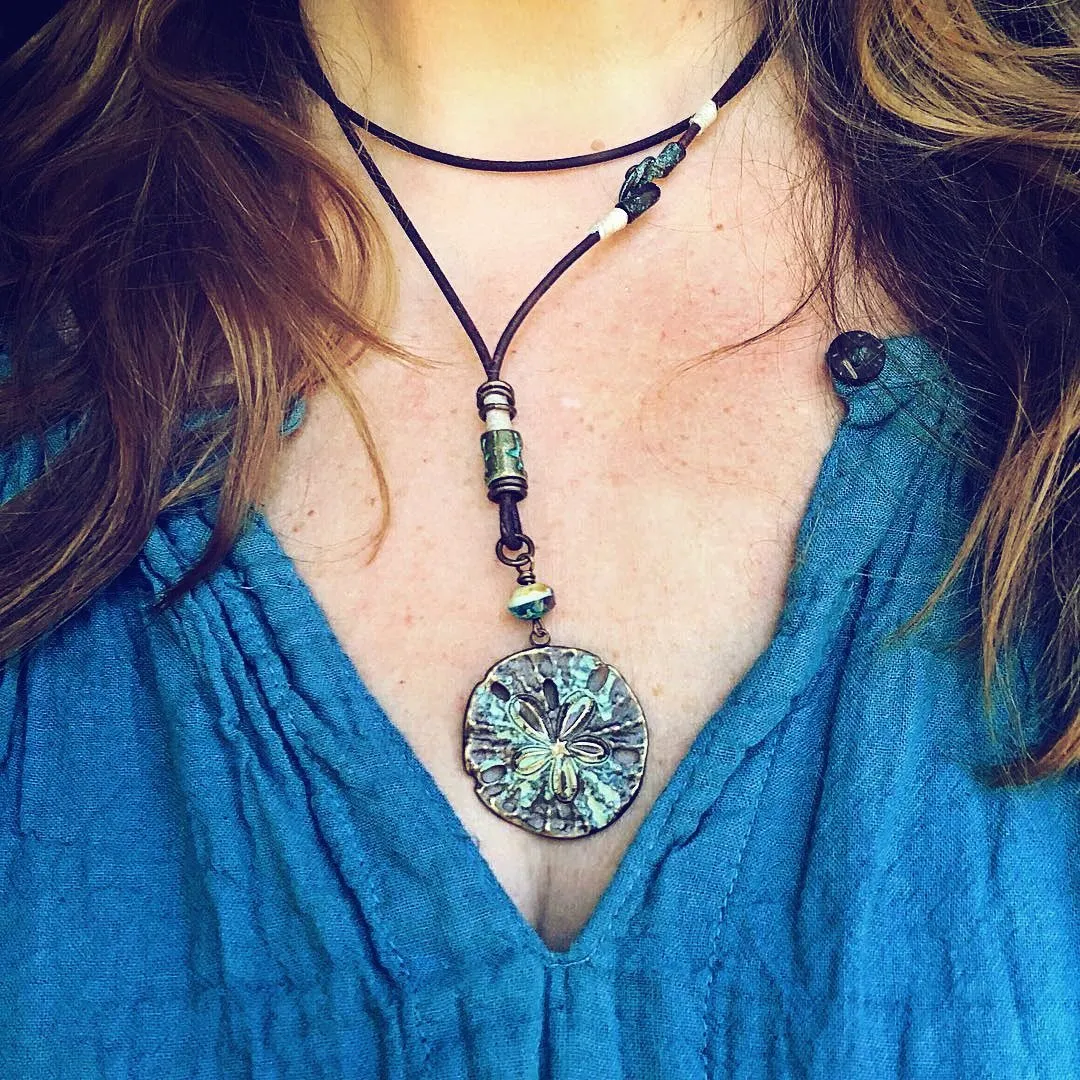 sand dollar boho beach style leather necklace