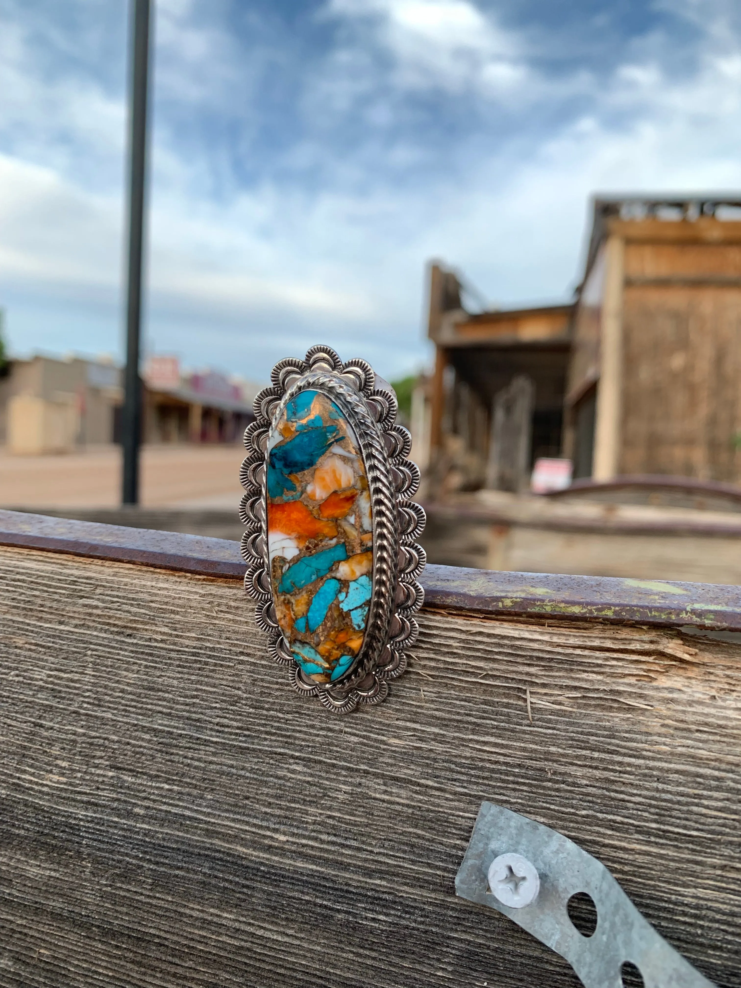 Scalloped Turquoise & Spiny Oyster Shell Adjustable ring