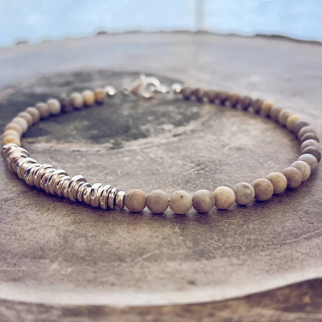 silver leaf // asymmetric silver plated & jasper gemstone beaded bracelet