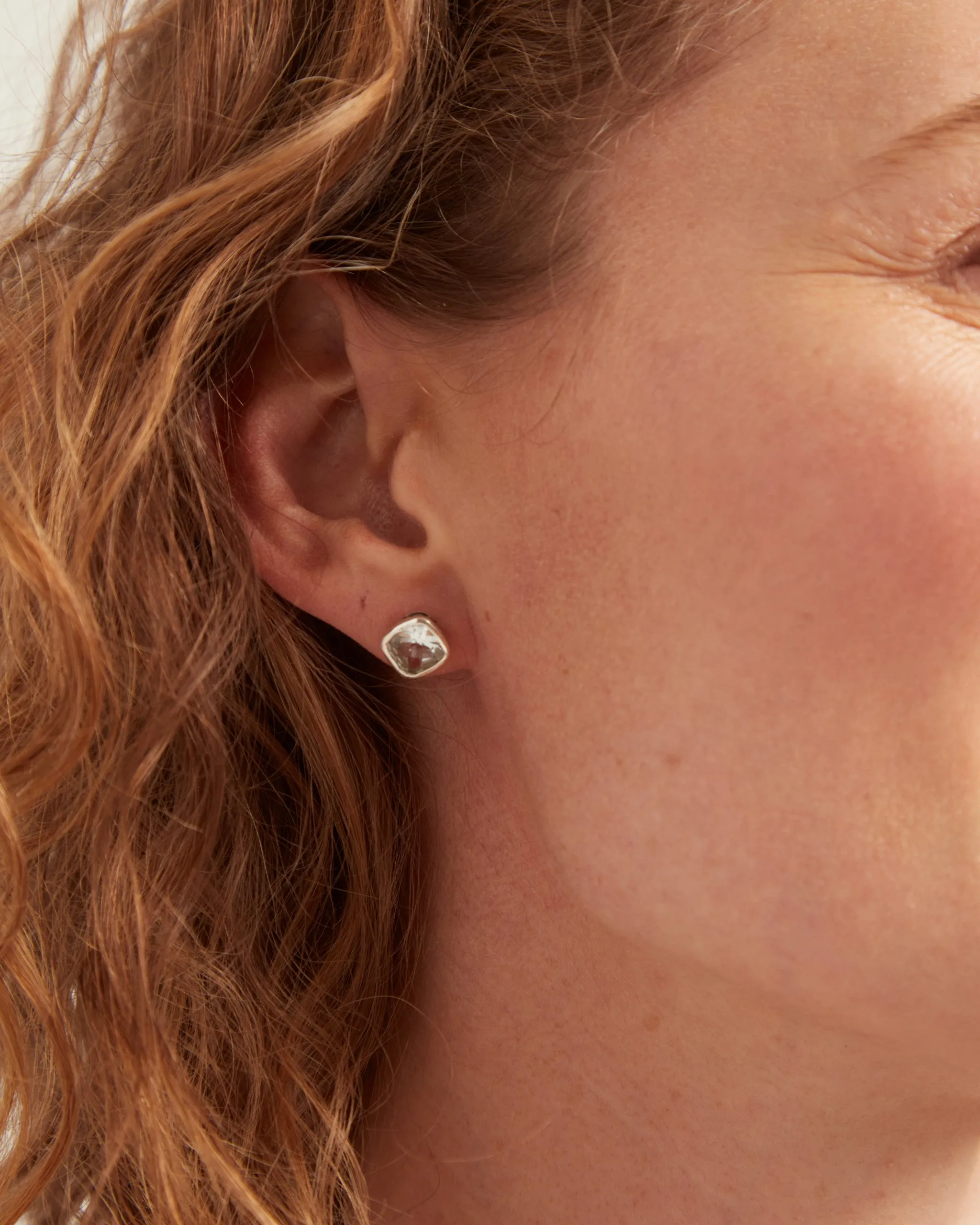 Square Stone Studs with Petroglyph Turtle Texture - White Topaz