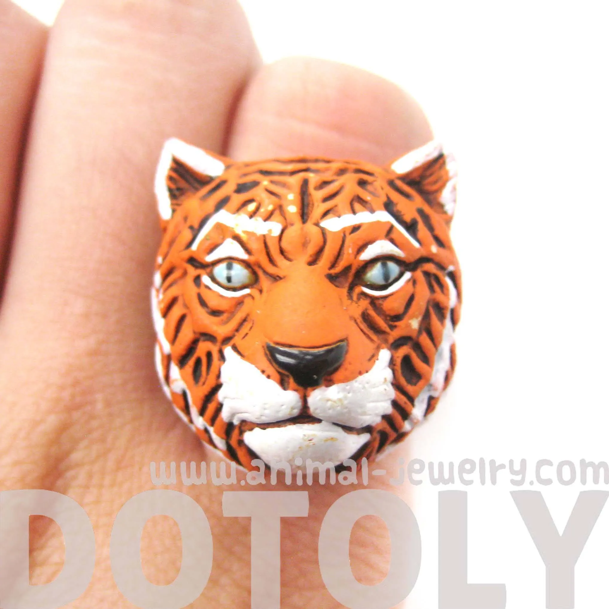 Tiger Head Shaped Porcelain Ceramic Adjustable Animal Ring | Handmade