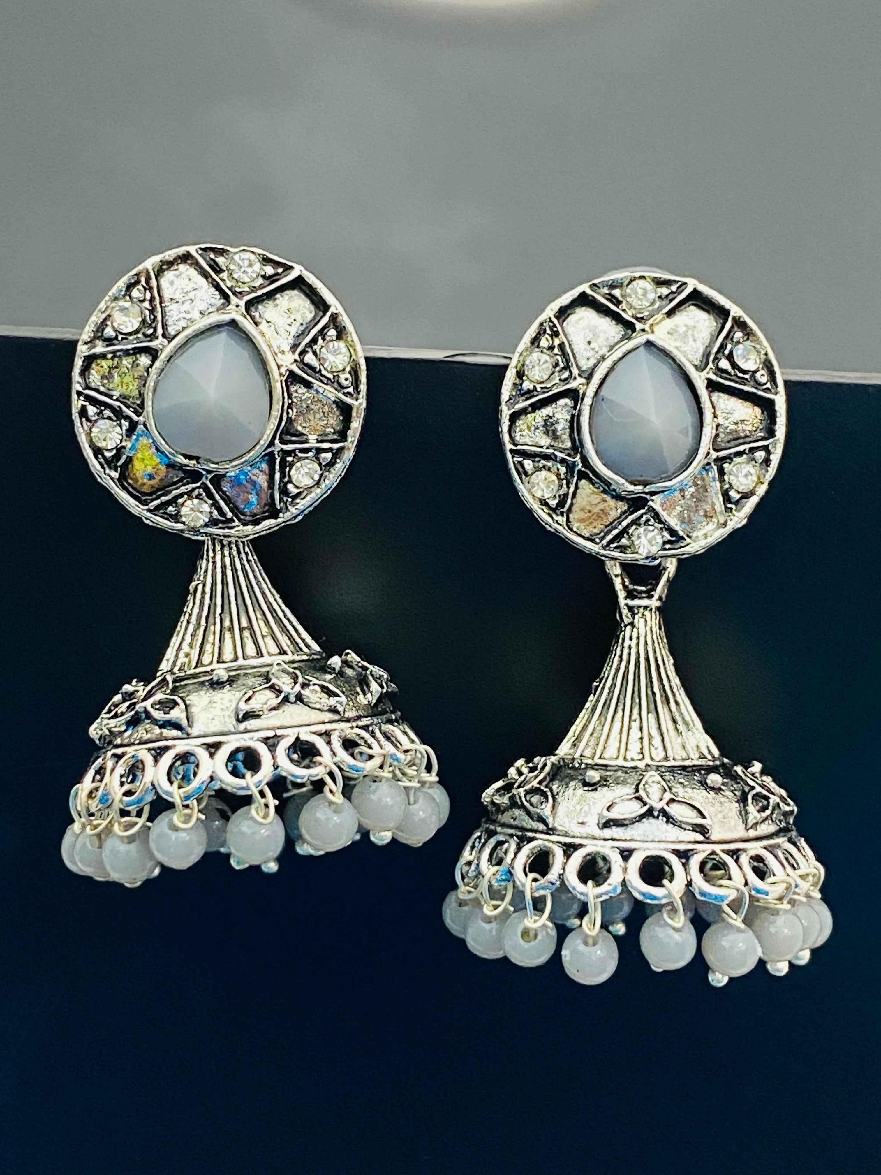 Traditional Bollywood Style Silver Oxidized Ethnic Jhumka Earrings With Pearl Beads