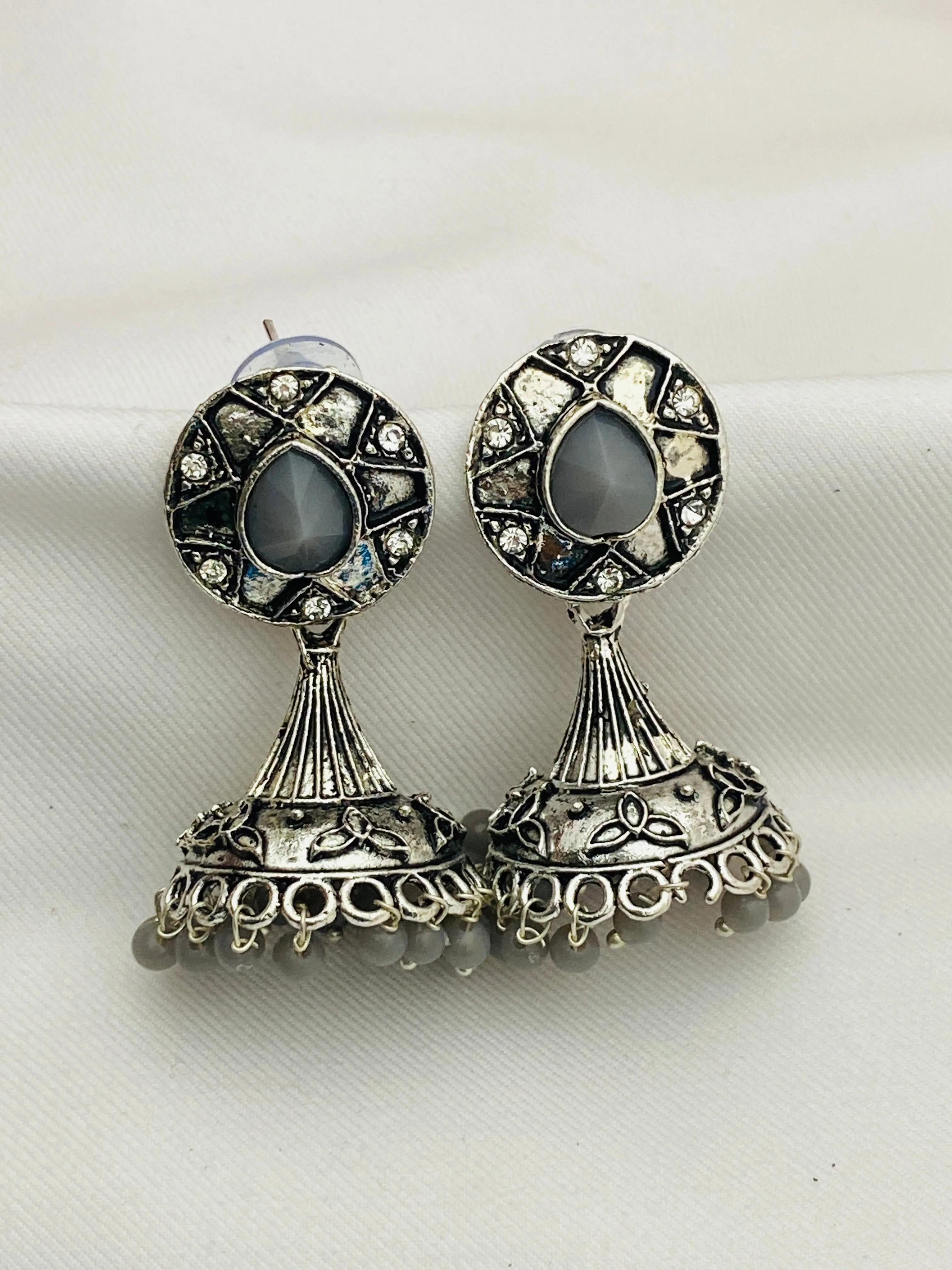 Traditional Bollywood Style Silver Oxidized Ethnic Jhumka Earrings With Pearl Beads