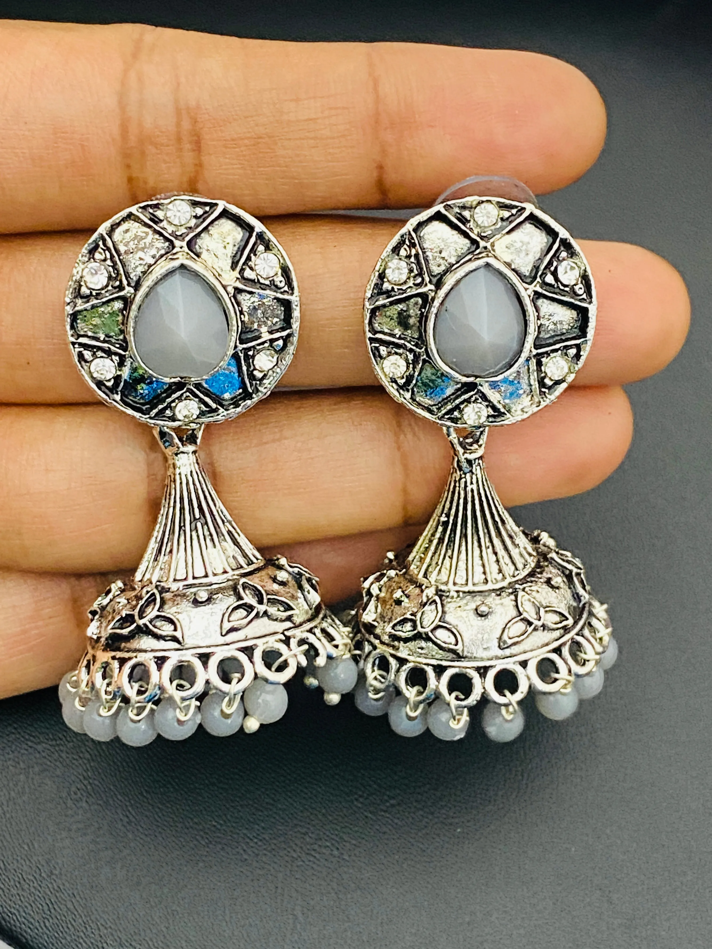 Traditional Bollywood Style Silver Oxidized Ethnic Jhumka Earrings With Pearl Beads