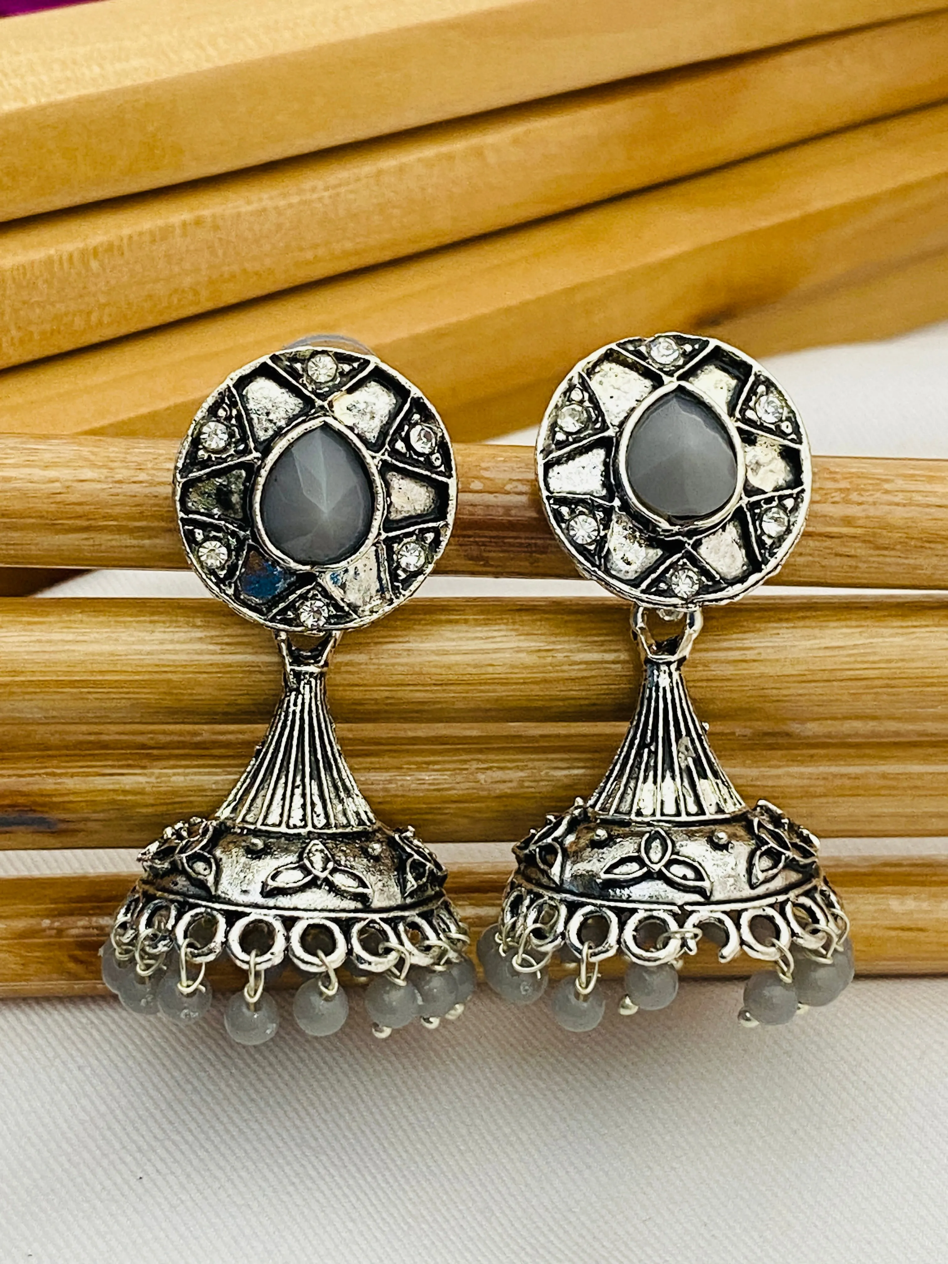 Traditional Bollywood Style Silver Oxidized Ethnic Jhumka Earrings With Pearl Beads