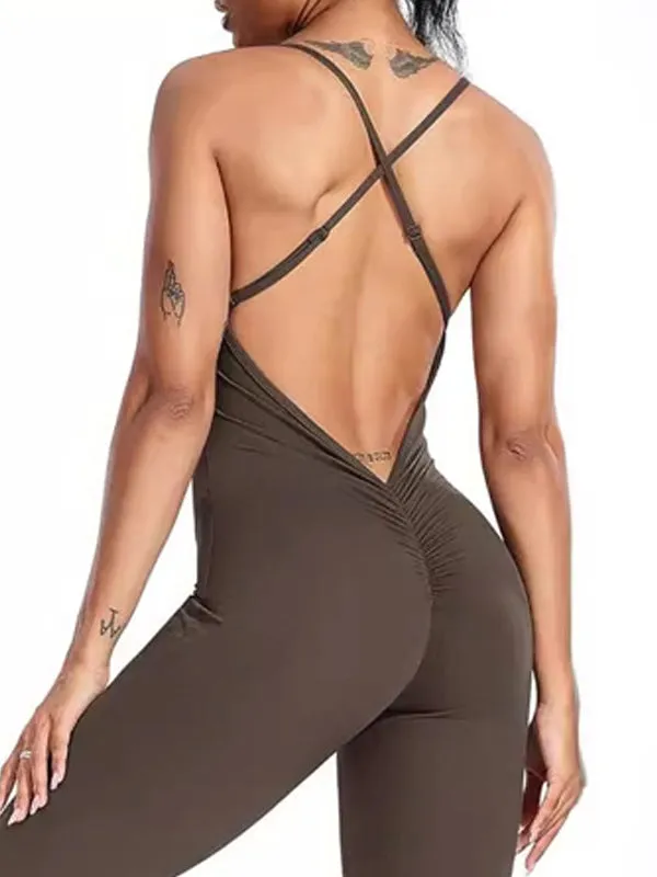 ZASUWA Female Cross Back V-shaped Waist Scrunch Bum Flare Jumpsuit