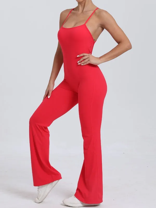 ZASUWA Female Cross Back V-shaped Waist Scrunch Bum Flare Jumpsuit