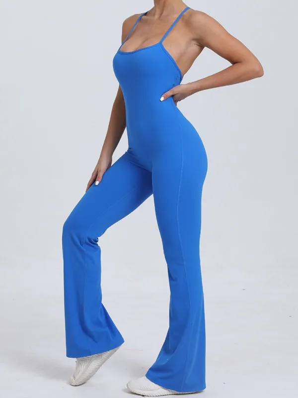 ZASUWA Female Cross Back V-shaped Waist Scrunch Bum Flare Jumpsuit