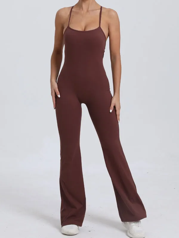 ZASUWA Female Cross Back V-shaped Waist Scrunch Bum Flare Jumpsuit