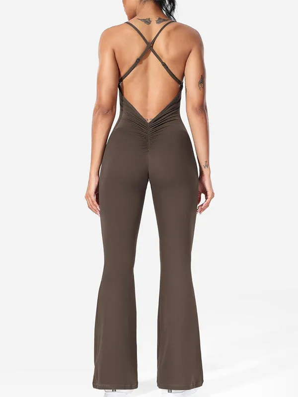 ZASUWA Female Cross Back V-shaped Waist Scrunch Bum Flare Jumpsuit