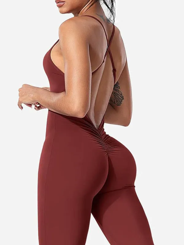 ZASUWA Female Cross Back V-shaped Waist Scrunch Bum Flare Jumpsuit