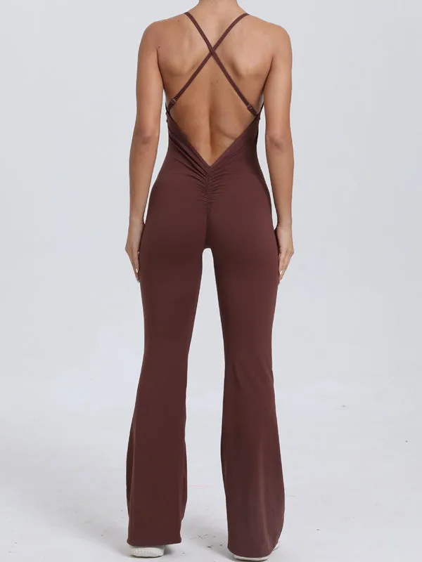 ZASUWA Female Cross Back V-shaped Waist Scrunch Bum Flare Jumpsuit