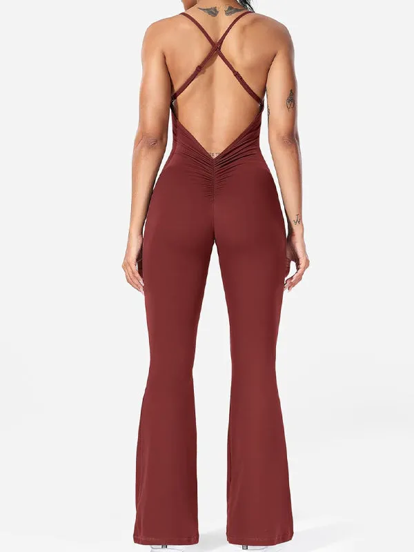 ZASUWA Female Cross Back V-shaped Waist Scrunch Bum Flare Jumpsuit