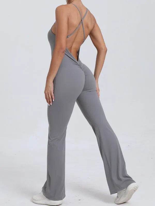 ZASUWA Female Cross Back V-shaped Waist Scrunch Bum Flare Jumpsuit