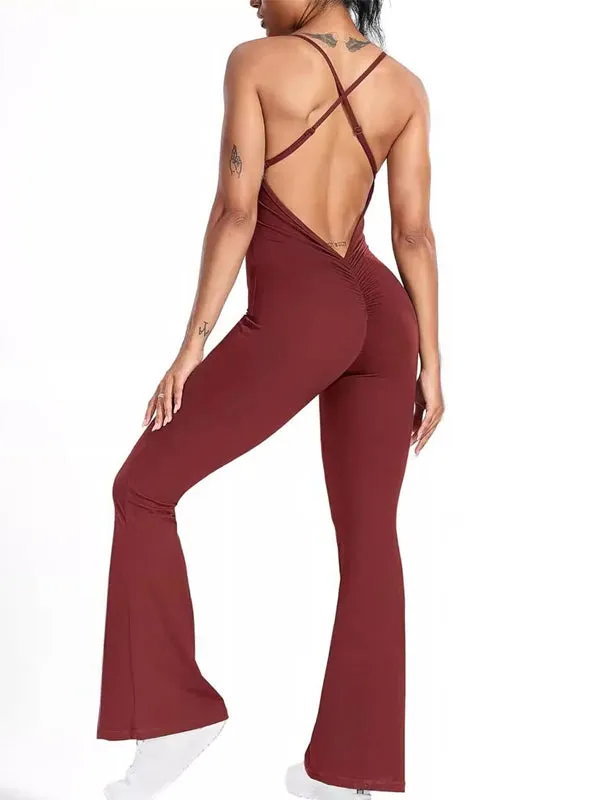 ZASUWA Female Cross Back V-shaped Waist Scrunch Bum Flare Jumpsuit