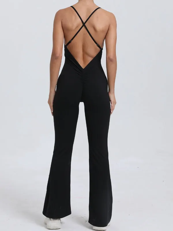 ZASUWA Female Cross Back V-shaped Waist Scrunch Bum Flare Jumpsuit