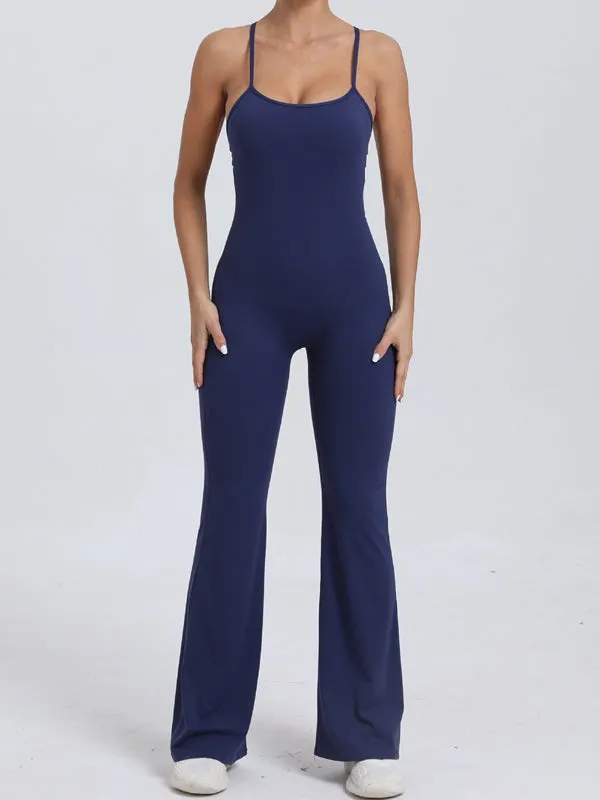 ZASUWA Female Cross Back V-shaped Waist Scrunch Bum Flare Jumpsuit