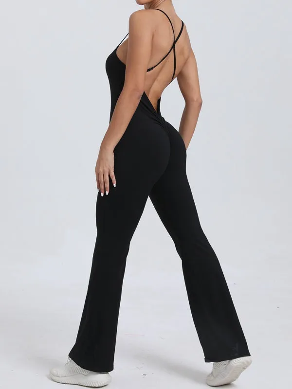 ZASUWA Female Cross Back V-shaped Waist Scrunch Bum Flare Jumpsuit