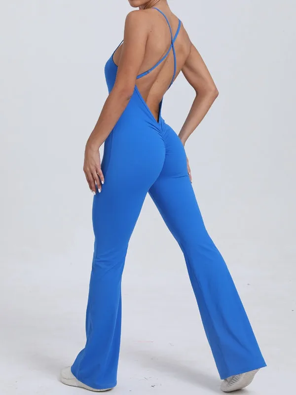 ZASUWA Female Cross Back V-shaped Waist Scrunch Bum Flare Jumpsuit