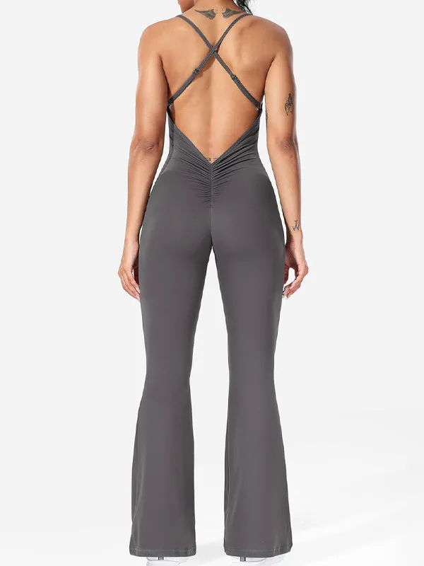 ZASUWA Female Cross Back V-shaped Waist Scrunch Bum Flare Jumpsuit