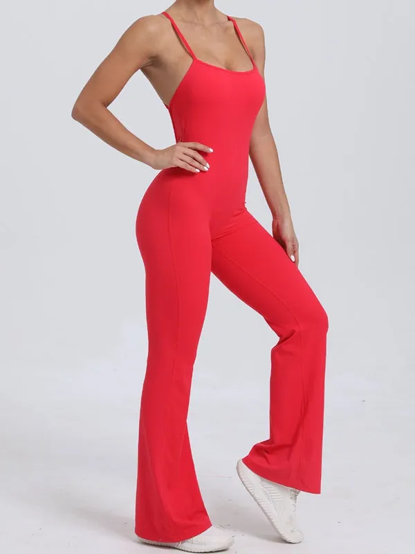 ZASUWA Female Cross Back V-shaped Waist Scrunch Bum Flare Jumpsuit