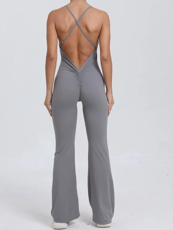 ZASUWA Female Cross Back V-shaped Waist Scrunch Bum Flare Jumpsuit