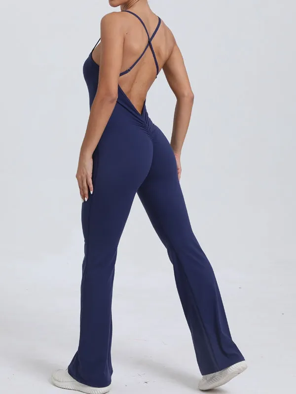 ZASUWA Female Cross Back V-shaped Waist Scrunch Bum Flare Jumpsuit